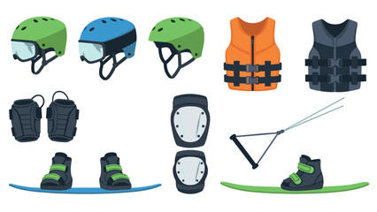 Water sports safety gear set: helmets, vests, and boards for active adventures