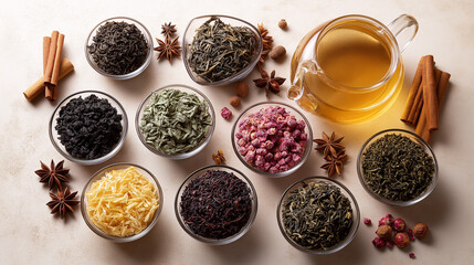 Set of Green, Black and Herbal Tea with Kettle on Beige Background, Organic Hot Drinks Banner, Top View with Copy Space