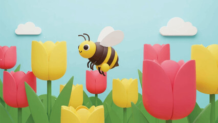 Whimsical 3D cartoon bee flying over a vibrant field of colorful tulips under a bright spring sky illustration