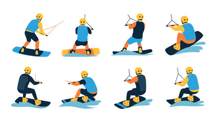 Fototapeta premium Colorful kiteboarding action figures on waves with dynamic poses