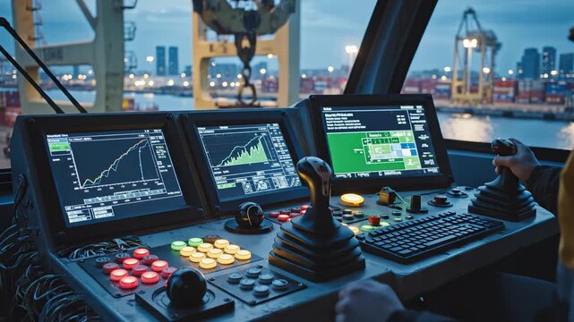 Ship control room with operator at controls