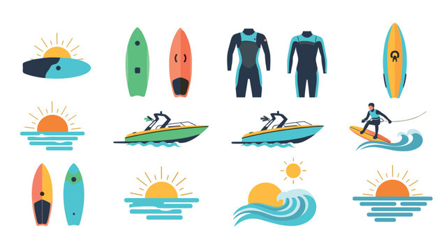 Flat design surfboards and watersports scenes with sunset elements
