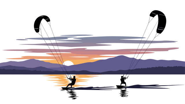 Sunset kitesurfing adventure with silhouettes over serene lake amid scenic mountain landscape