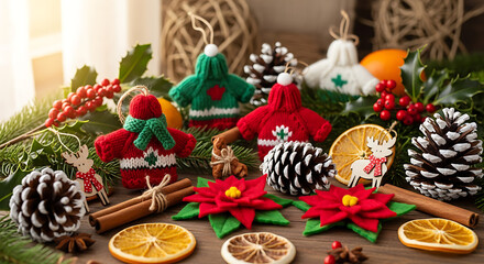 Festive holiday decorations with ornaments pinecones and cinnamon sticks