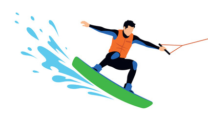 Obraz premium Dynamic wakeboarding action with splashing water elements in flat design