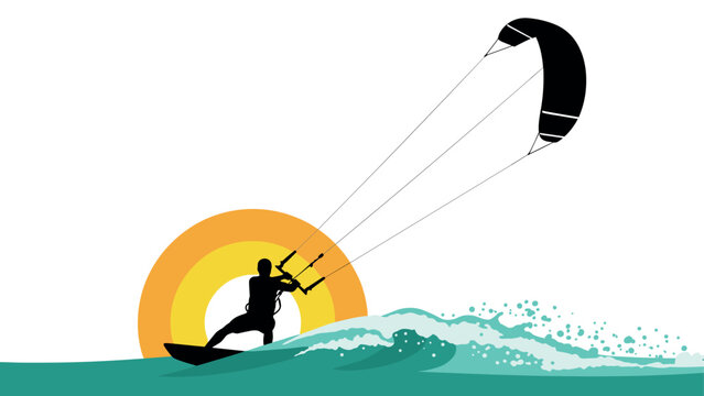 Silhouette of kite surfer riding waves against vibrant sunset