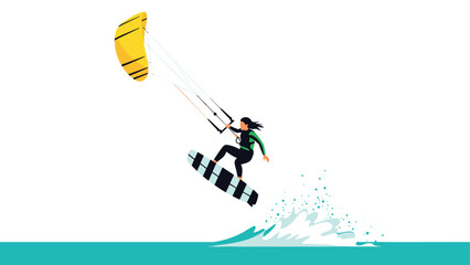 Kiteboarding adventure with female athlete catching air over waves