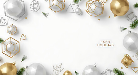 Festive holiday ornaments and geometric shapes with evergreen sprigs on white background