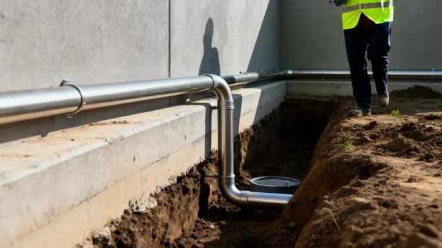 Medium shot of underground rainwater collection tanks with visible piping emphasizing discreet water storage solutions for residential ecoconscious living