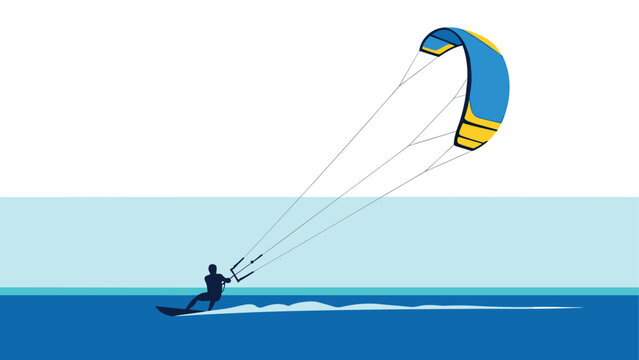 Kitesurfer riding waves in minimalist ocean scene with blue and yellow kite