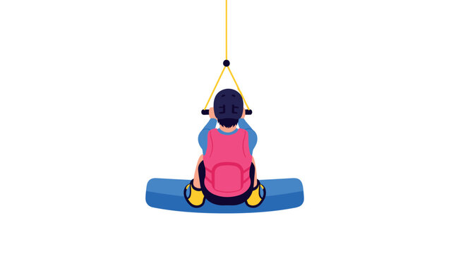 Person in a life jacket engaged in water sport with rope overhead on blue board