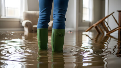 Plumber in flooded house interior