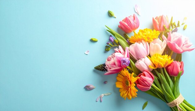 Fr&uuml;hlingsblumenstrau&szlig; auf pastellblauem Tisch &ndash; Gru&szlig;karte zum Internationalen Frauentag