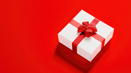 Obraz premium Elegant white gift box with red ribbon bow on vibrant red background