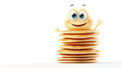 Cheerful cartoon character with smile sitting atop stack of pancakes