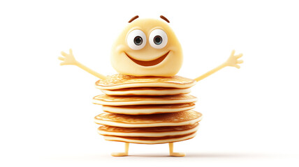 Happy cartoon pancake character with smiling face and arms outstretched