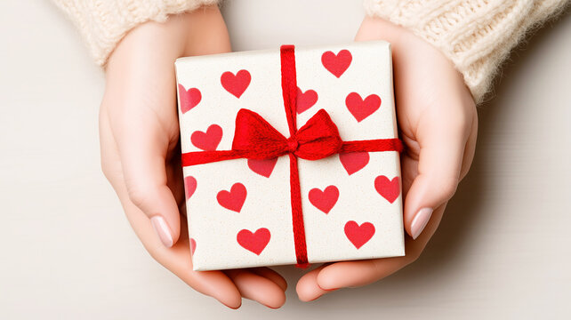 Female hands holding heart-patterned gift with red bow
