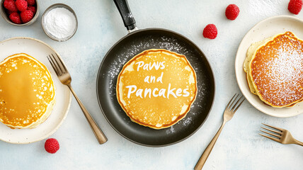 Delicious breakfast pancakes with raspberries in a cooking pan on light background