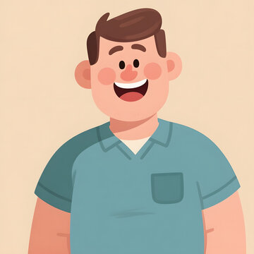 Happy cartoon man smiling in a light blue shirt on beige background  