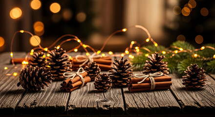 Rustic christmas still life with pine cones cinnamon sticks and lights