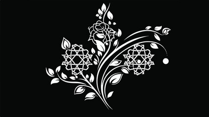 An intricate white floral design featuring geometric patterns on a black background