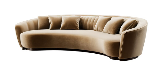 Isolated png beige curved velvet luxury designer sofa, transparent background 