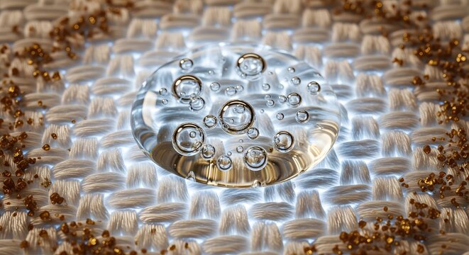 Transparent water droplet sitting on textured woven fabric surface close up view suitable for macro photography backgrounds and purity concepts.