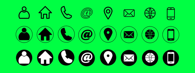 Contact information icon for business card. Containing name, address, map pin, globe, e-mail, location, website, fax, phone call at symbol. Silhouette and outline circle style. Vector illustration