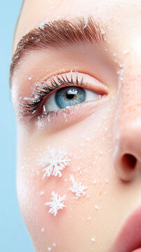 Close-up of caucasian female adult with snowflakes on face and blue eyes