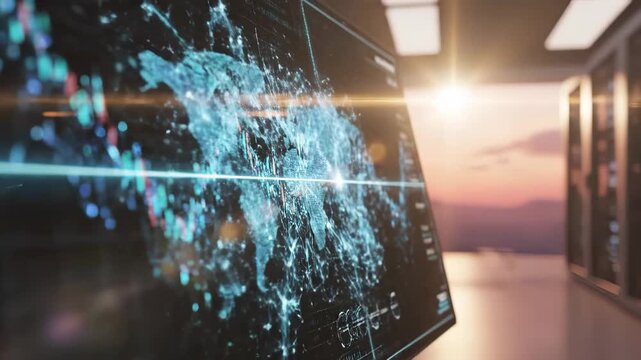 A modern digital screen displays complex data visualizations in a futuristic office setting, with a sunset glowing in the background. This digital screen highlights the importance of technology and