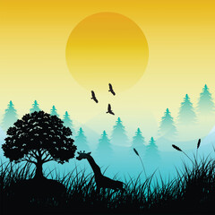 Serene Savanna Sunset with Wildlife Silhouettes