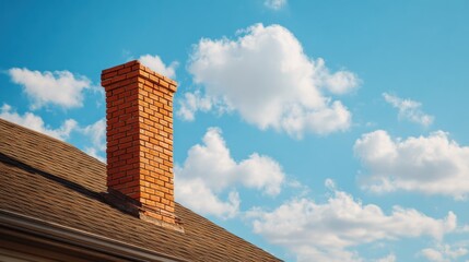 Red brick chimney on a brown asphalt shingle roof under a blue sky with white clouds