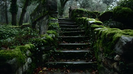 Old concrete staircase leads upwards into a dense park covered in fallen leaves and moss evoking an urban exploration vibe and mystery.