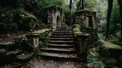 Old concrete staircase leads upwards into a dense park covered in fallen leaves and moss evoking an urban exploration vibe and mystery.