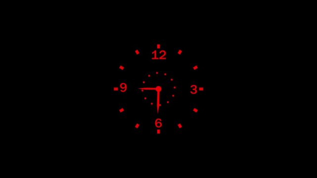 An intense red analog clock set against a stark black backdrop, perfect for conveying themes of night, critical timing, or a striking visual representation of time.