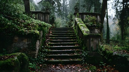Old concrete staircase leads upwards into a dense park covered in fallen leaves and moss evoking an urban exploration vibe and mystery.