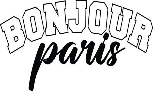 bonjour paris varsity print collage text typography font vintage tshirt print black and white 