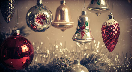 Vintage christmas ornaments hanging with transparent background
