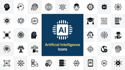 Diverse collection of minimalist icons representing artificial intelligence and related concepts on a clean background