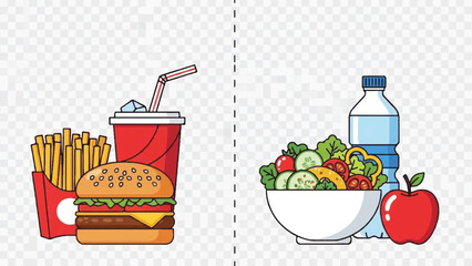 A contrast between unhealthy and healthy food options displayed side by side in a graphic illustration