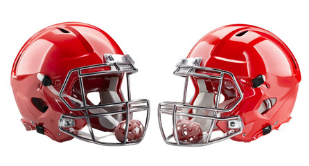 Fototapeta premium Game-Ready Helmets: A pair of vibrant red football helmets, ready for action, stand out against a clean background, embodying the spirit of competition and athletic prowess.