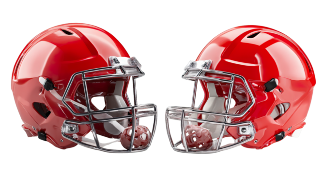 Game-Ready Helmets: A pair of vibrant red football helmets, ready for action, stand out against a clean background, embodying the spirit of competition and athletic prowess. - Powered by Adobe