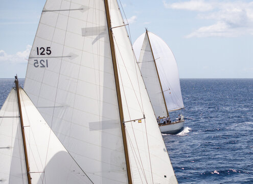 Palma, Spain - 16 August 2024: Aerial view of yachts sailing through the deep blue sea under a bright, cloud-dotted sky, their white sails billowing in the wind.