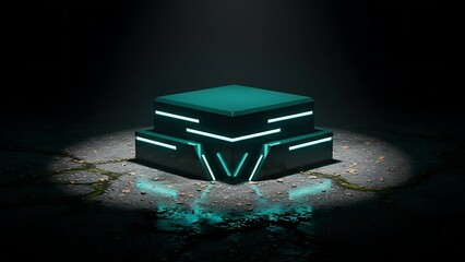 Glowing teal cube on a dark background with neon lights