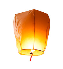 Orange sky lantern with flame isolated on transparent background 