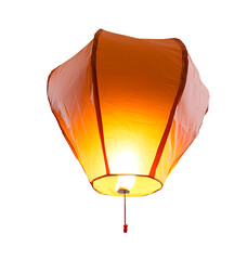 Orange sky lantern with flame isolated on transparent background 