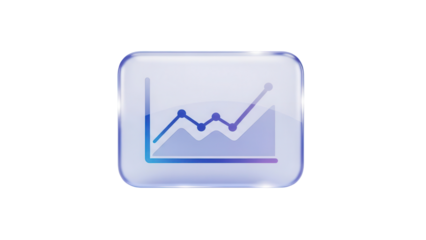 Frosted blue purple glassmorphism financial chart icon floating isolated on a clean white background for modern app UI design with soft light reflections.