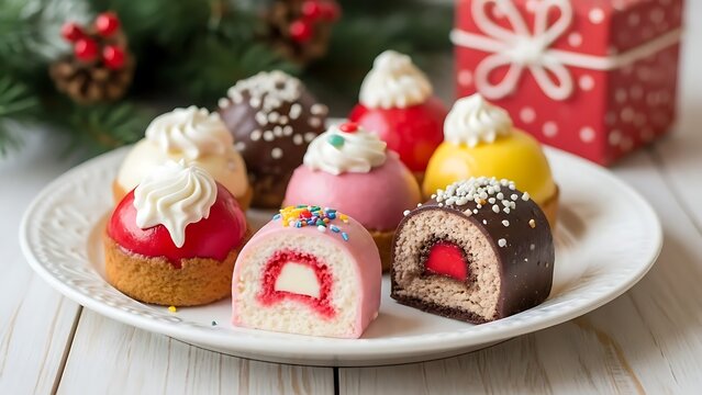Studio photo of assorted Christmas petit fours and mini cakes, including a sliced pink mousse with cream filling on a white plate.