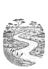 Fototapeta premium Black and white pen drawing of a winding river through a savanna landscape with acacia trees, enclosed in a circular frame. Nature art.