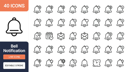 A collection of 40 unique outline bell and notification icons for digital interfaces and applications